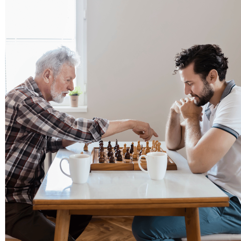 n image of an old man and a young man happily engaged in a mind-challenging activity playing chess