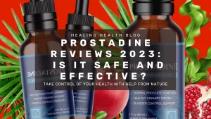 Prostadien Reviews with bottles of supplement on red background