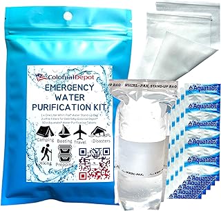Emergency Water Purification Tablets Survival kit Aquatabs Water Purifying Tablets Whirl-Pak Water Storage & Purifier Bag Prefilters for Debris