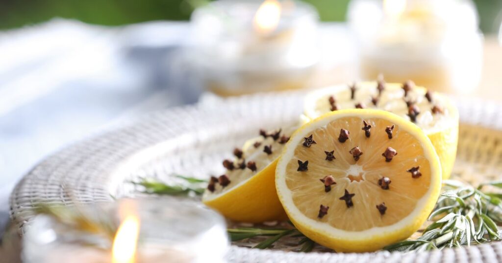 Lemons with Cloves and Fresh Rosemary on Plate Outdoors, Closeup